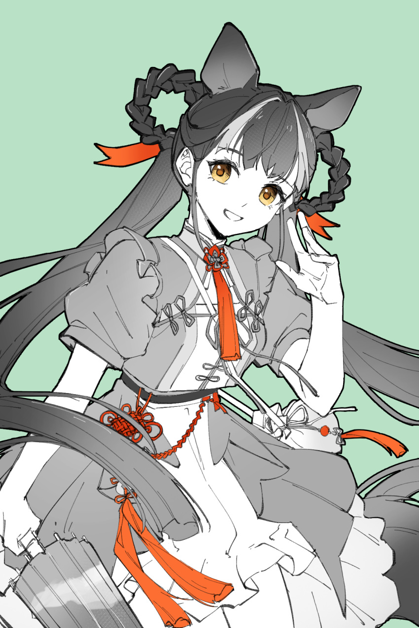 1girl, :d, animal_ears, arknights, bag, braid, braided_hair_rings, chinese_commentary