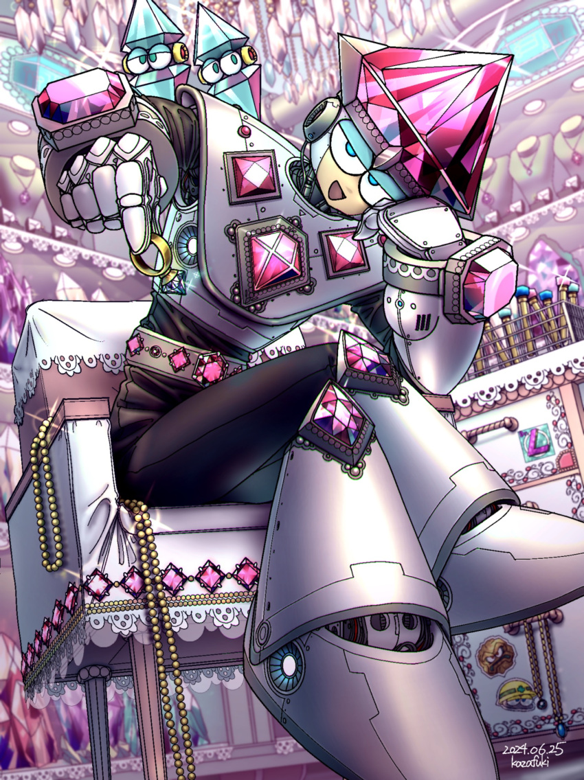 1boy, artist_name, blue_eyes, chair, chest_jewel, commentary, crossed_legs, dated