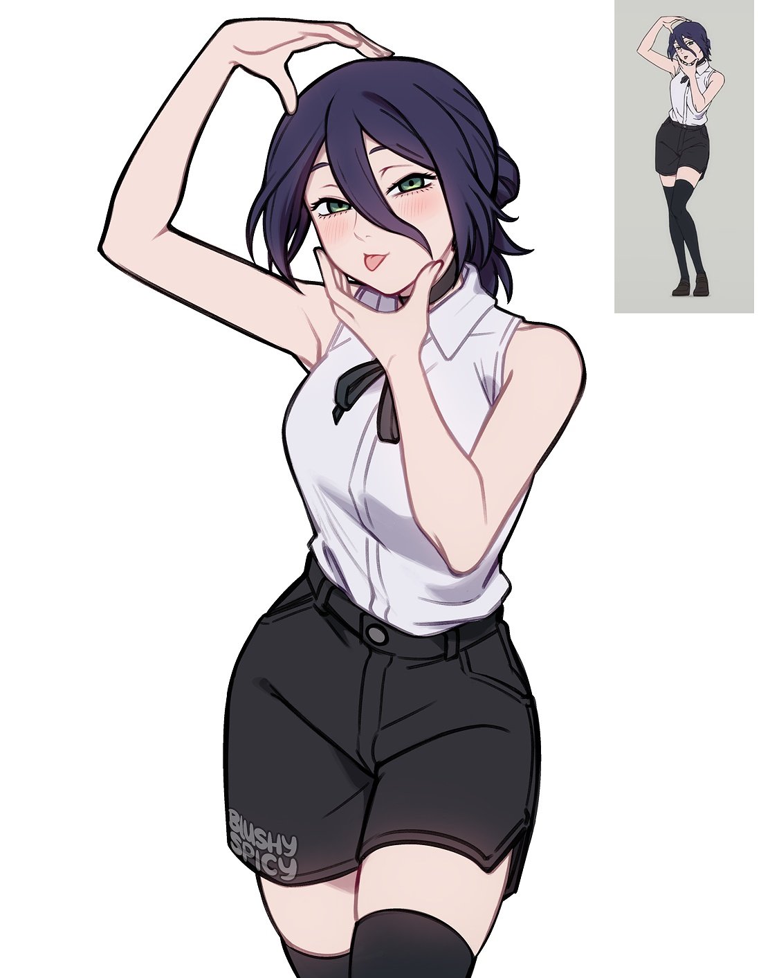 1girl, arm_up, artist_name, bare_shoulders, black_choker, black_ribbon, black_shorts, black_thighhighs