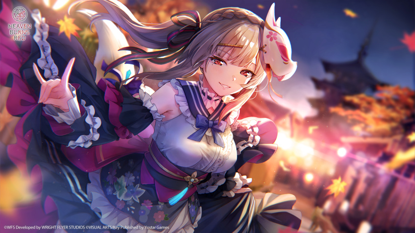 1girl, autumn, autumn_leaves, backlighting, bare_shoulders, belt_buckle, black_skirt, black_sleeves