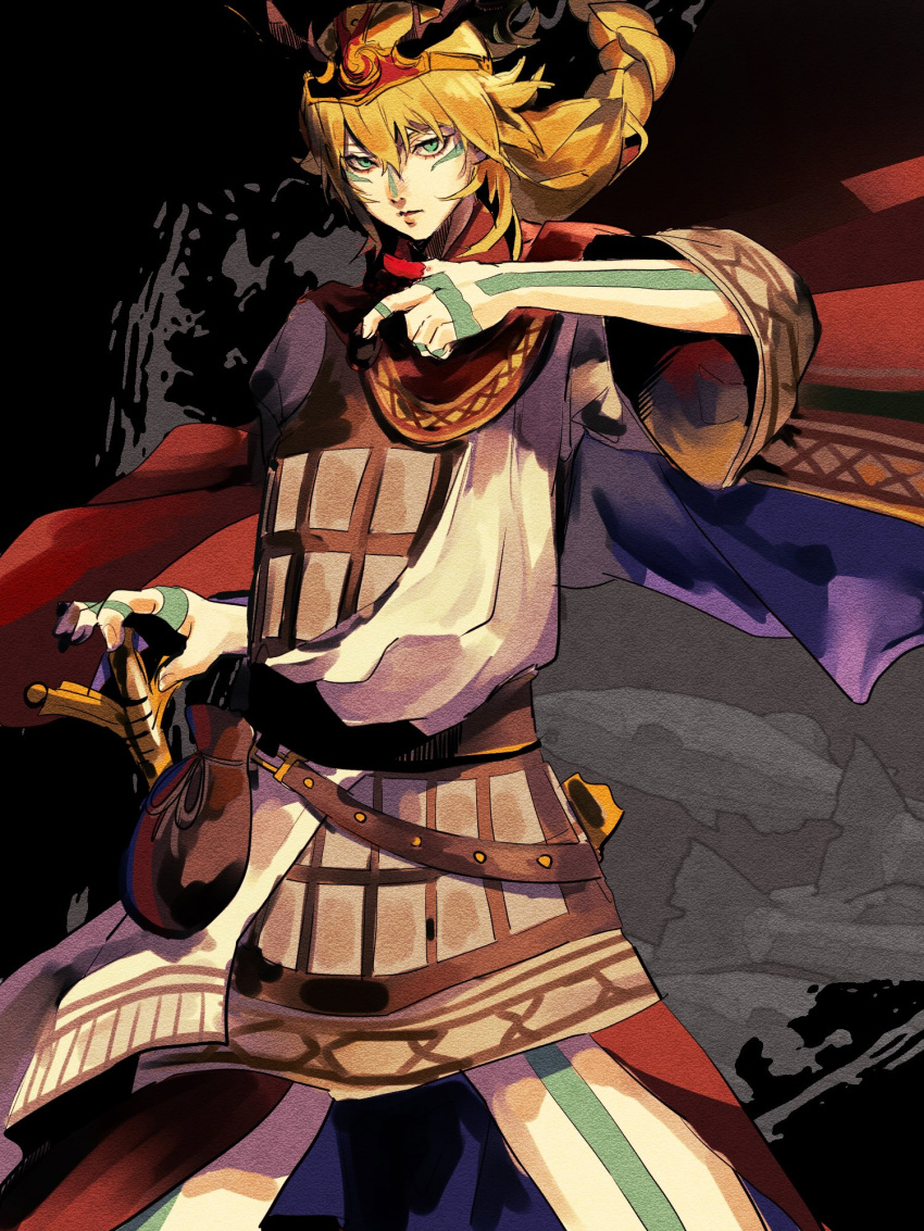 1boy, 4me3ba_niku, antlers, blonde_hair, cloak, commentary_request, demon_(megami_tensei), fionn_mac_cumhaill_(megami_tensei)