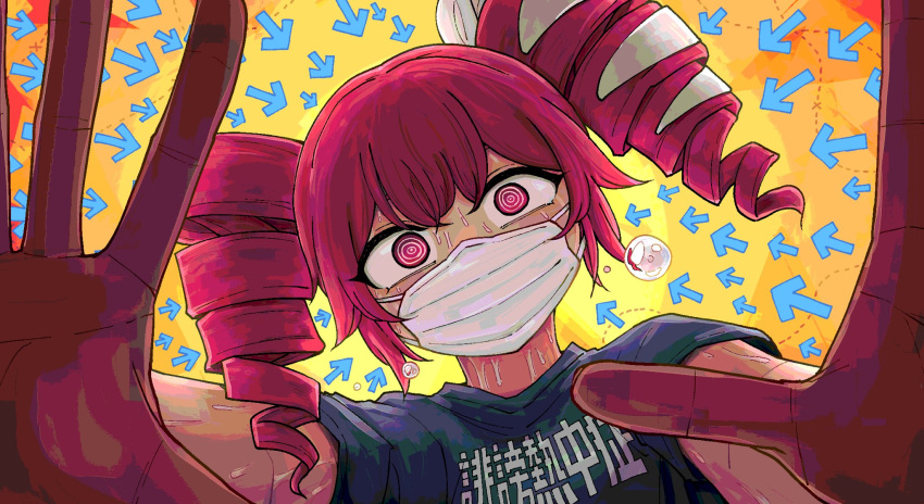 1girl, arrow_(symbol), black_shirt, bow, bubble, commentary_request, covered_mouth, drill_hair, hair_bow, hibou_necchuushou_(synthesizer_v), highres, kasane_teto, kasane_teto_(sv), looking_at_viewer, mask, mouth_mask, outstretched_arms, reaching, reaching_towards_viewer, red_eyes, ringed_eyes, shirt, short_hair, short_sleeves, solo, straight-on, surgical_mask, sweat, synthesizer_v, twin_drills, upper_body, utau, very_sweaty, video_thumbnail, yomitan_akane