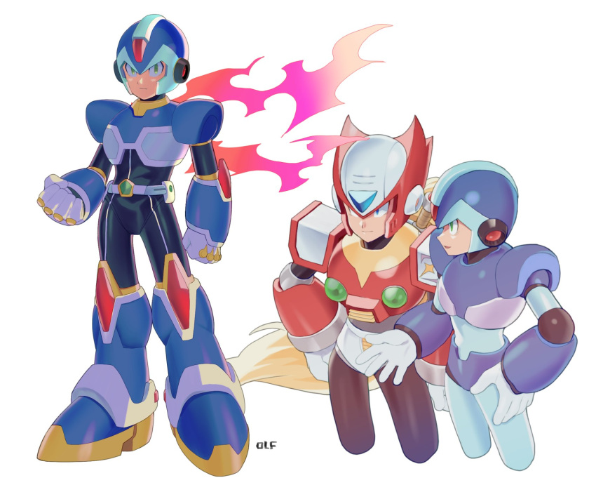2boys, android, armor, blonde_hair, blue_armor, blue_helmet, chest_jewel, cowboy_shot