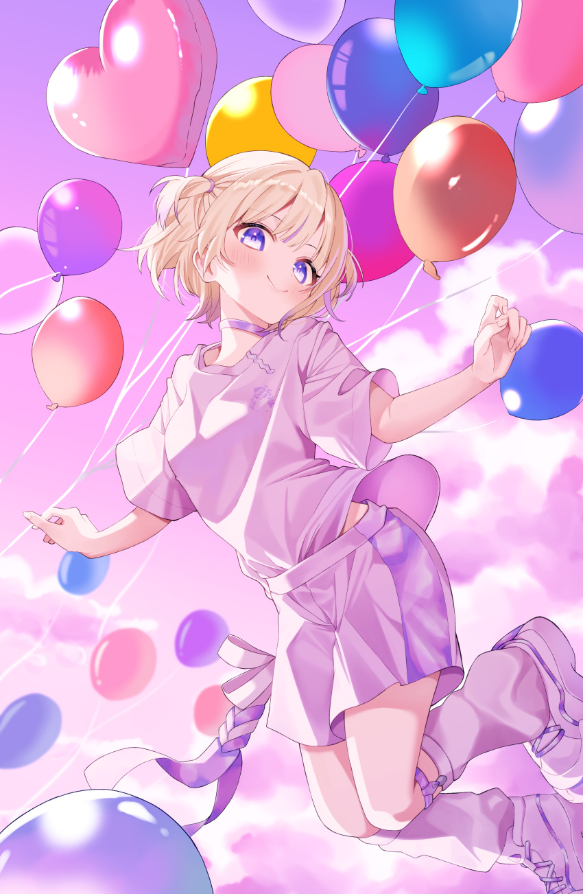 1girl, absurdres, balloon, blonde_hair, choker, clouds, commentary_request, heart_balloon