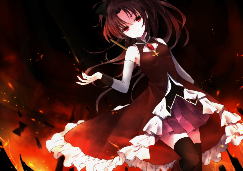 bare_shoulders, black_legwear, boots, dark, detached_sleeves, dress, expressionless, fire