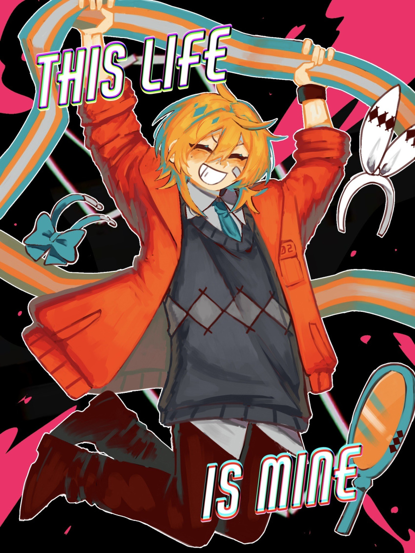 1boy, ^_^, ahoge, bandaid, bandaid_on_cheek, bandaid_on_face, black_pants, black_shoes