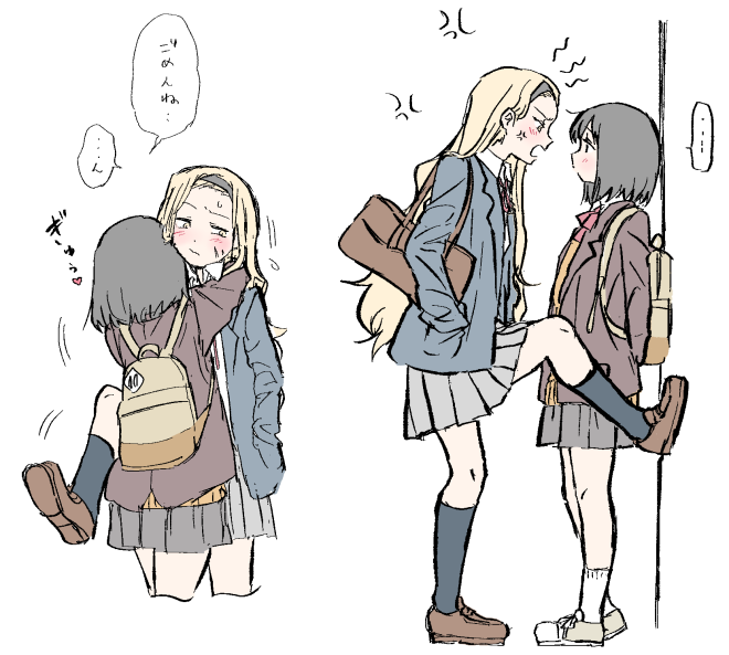 ..., 2girls, anger_vein, backpack, bag, black_hair, black_hairband, blazer