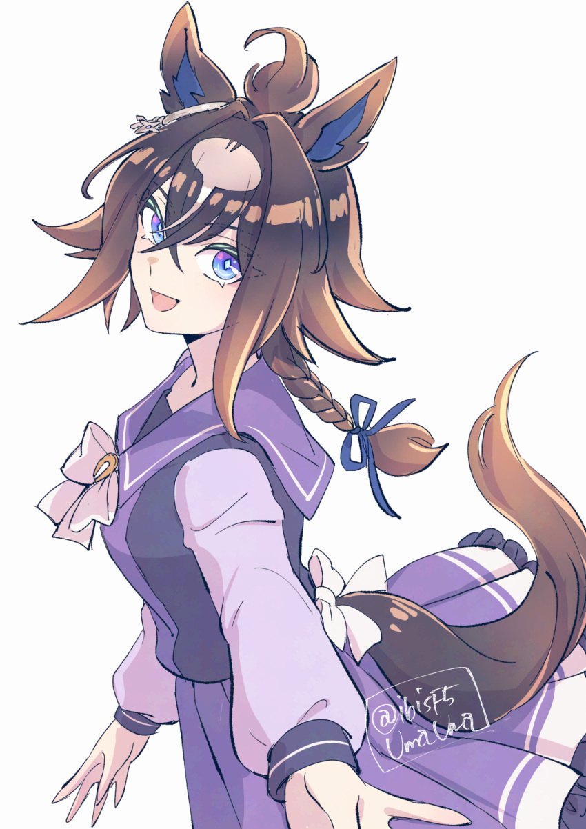 animal_ears, blue_eyes, blue_ribbon, blush, bow, bowtie, braid, breasts