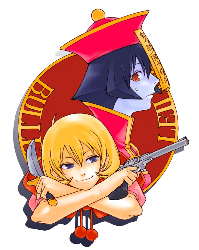 2girls, b.b._hood, blonde_hair, blue_eyes, blue_hair, blue_skin, brown_eyes, colored_skin