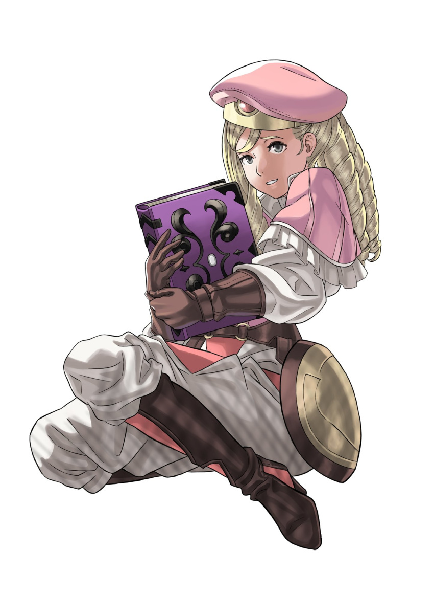 1boy, beret, blonde_hair, book, boots, brown_boots, brown_gloves, brynhildr_(tome)