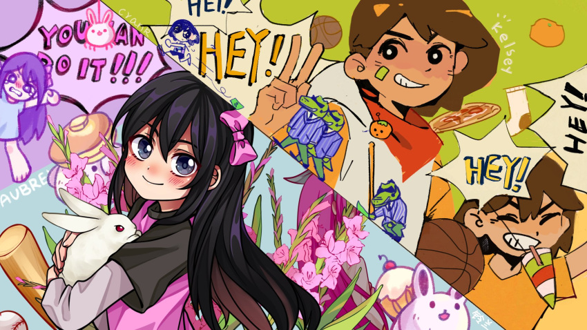 2girls, 5boys, alternate_costume, animal, artist_collaboration, aubrey_(faraway)_(omori), aubrey_(headspace)_(omori), aubrey_(omori), ball, barefoot, basketball_(object), black_eyes, black_hair, blue_shirt, blush, bow, bright_pupils, brown_hair, bug_bunny_(omori), character_name, chibi, chinese_commentary, clenched_teeth, closed_mouth, commentary_request, crank08116292, cupcake_bunny_(omori), double-parted_bangs, dual_persona, english_commentary, english_text, food, gator_guy_(omori), gladiolus, hair_between_eyes, hair_bow, highres, holding, holding_animal, holding_rabbit, kel_(faraway)_(omori), kel_(headspace)_(omori), kel_(omori), linglanjunying, long_hair, long_shirt, long_sleeves, looking_at_viewer, mixed-language_commentary, multiple_boys, multiple_girls, omori, open_mouth, pancake, pancake_bunny_(omori), pancake_stack, pink_bow, purple_hair, rabbit, shirt, short_sleeves, sidelocks, smile, speech_bubble, t-shirt, tearing_up, teeth, u.f.o._(omori), v, violet_eyes, white_pupils