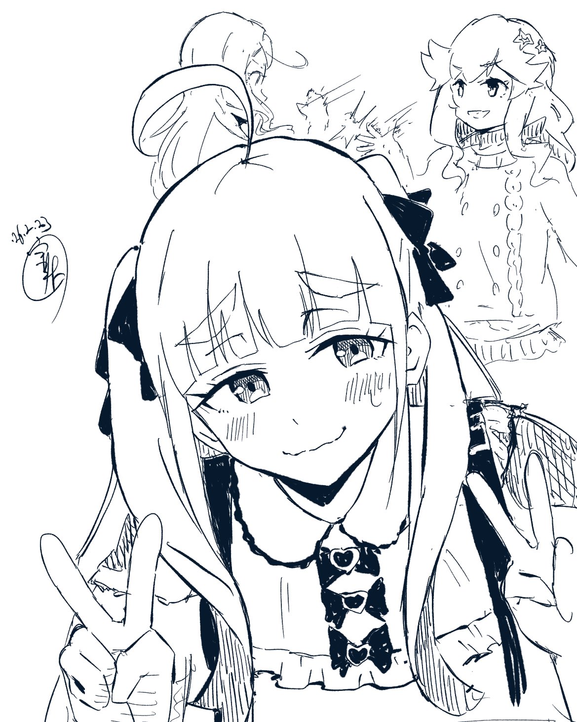 2girls, ahoge, blunt_bangs, blush, bow, chofu_noriko, commentary, dated