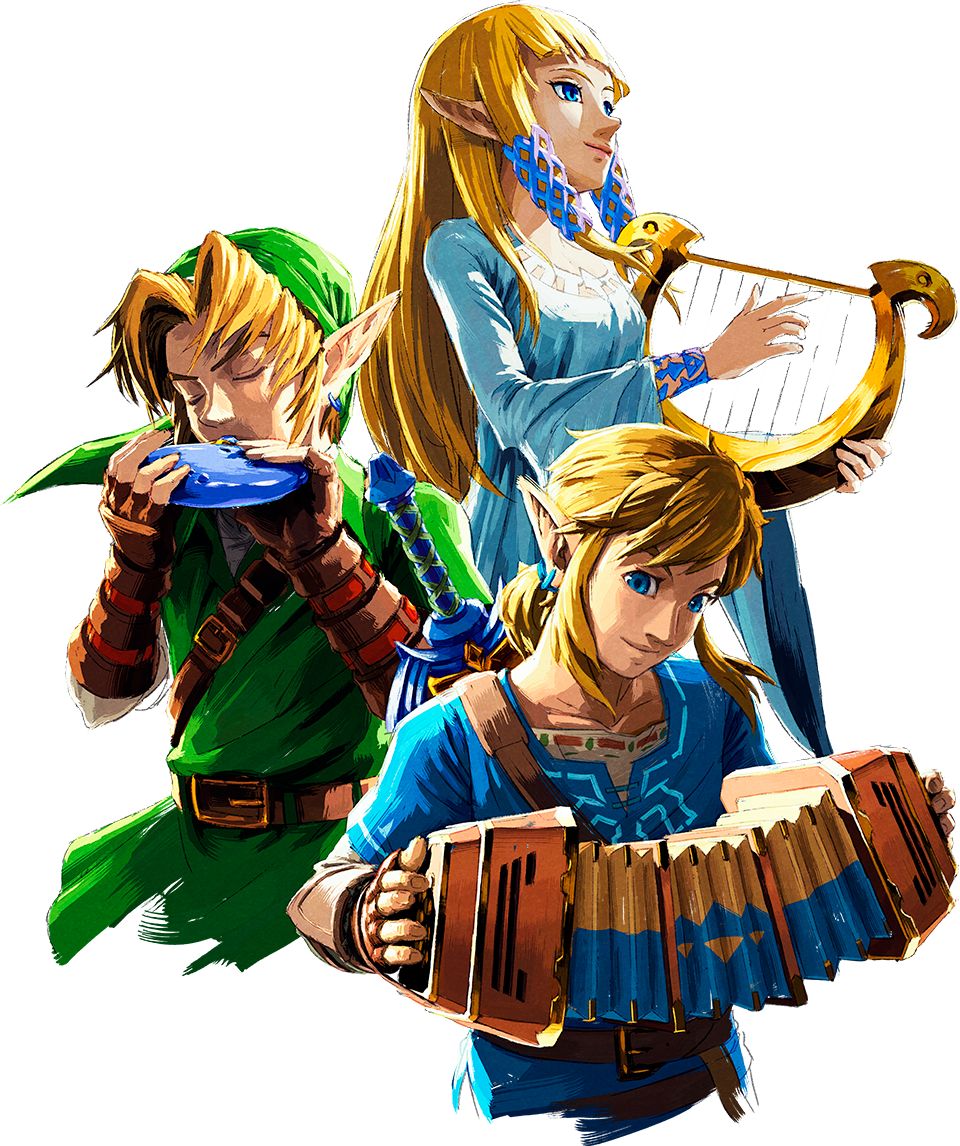 1girl, 2boys, accordion, belt, blonde_hair, blue_eyes, blue_shirt, blunt_bangs, breasts, brown_gloves, closed_eyes, closed_mouth, collarbone, cropped_torso, dress, earrings, fingerless_gloves, gloves, green_hat, green_tunic, hair_intakes, hair_tubes, hands_up, happy, hat, hime_cut, holding, holding_accordion, holding_instrument, holding_lyre, holding_ocarina, instrument, jewelry, layered_sleeves, link, long_hair, long_sleeves, lyre, medium_hair, multiple_boys, music, nakano_yusuke, ocarina, official_art, playing_instrument, pointy_ears, princess_zelda, shirt, short_hair, short_over_long_sleeves, short_sleeves, sidelocks, simple_background, small_breasts, smile, standing, the_legend_of_zelda, the_legend_of_zelda:_breath_of_the_wild, the_legend_of_zelda:_ocarina_of_time, the_legend_of_zelda:_skyward_sword, transparent_background, tunic, u_u, undershirt, upper_body, v-shaped_eyebrows, vambraces, white_dress, wide_sleeves