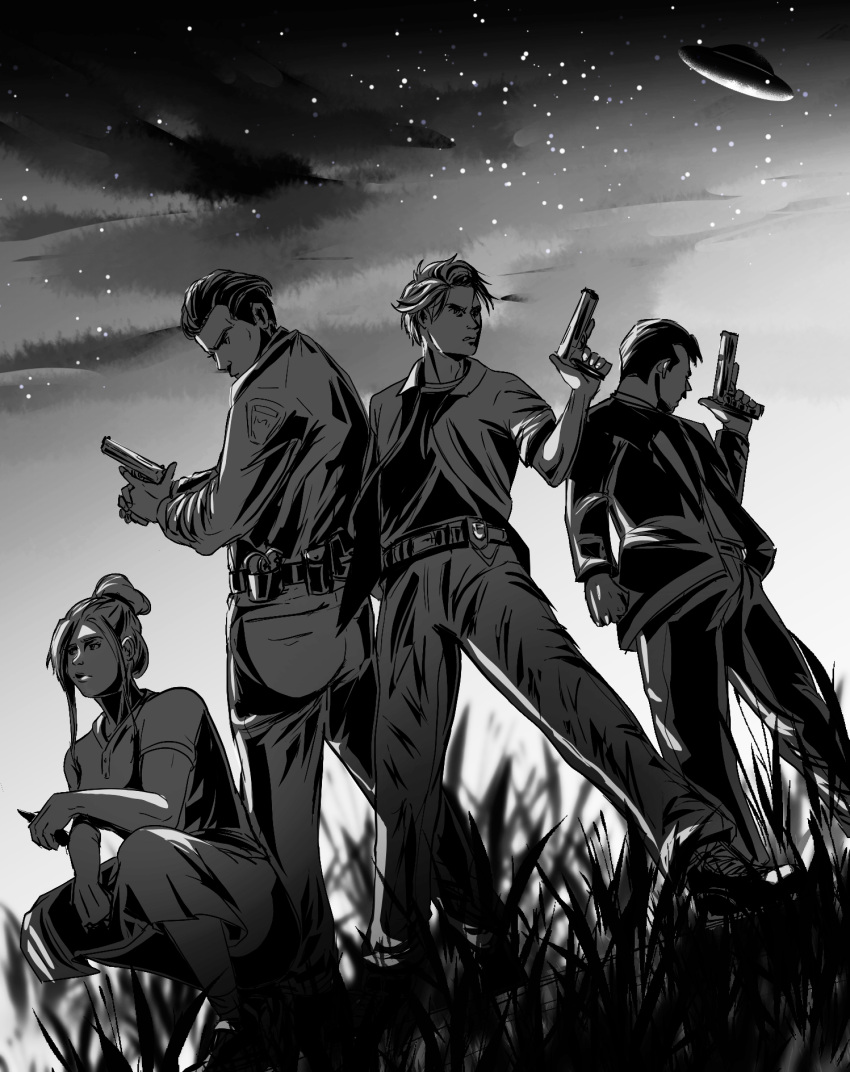 1girl, 3boys, belt, call_of_cthulhu, commentary, delta_green, english_commentary, facial_hair, frown, grass, greyscale, gun, hair_bun, handgun, highres, holding, holding_gun, holding_weapon, monochrome, multiple_boys, mustache, necktie, original, pants, police, police_uniform, skirt, sky, squatting, standing, star_(sky), starry_sky, ufo, weapon, zeefox