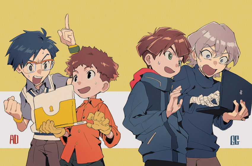 4boys, amanokawa_hiro, blue_hair, blue_jacket, blue_sweater, brown_hair, commentary_request, computer