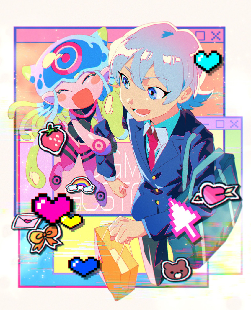 1boy, 1girl, black_pants, blue_eyes, blue_jacket, border, commentary_request, cursor