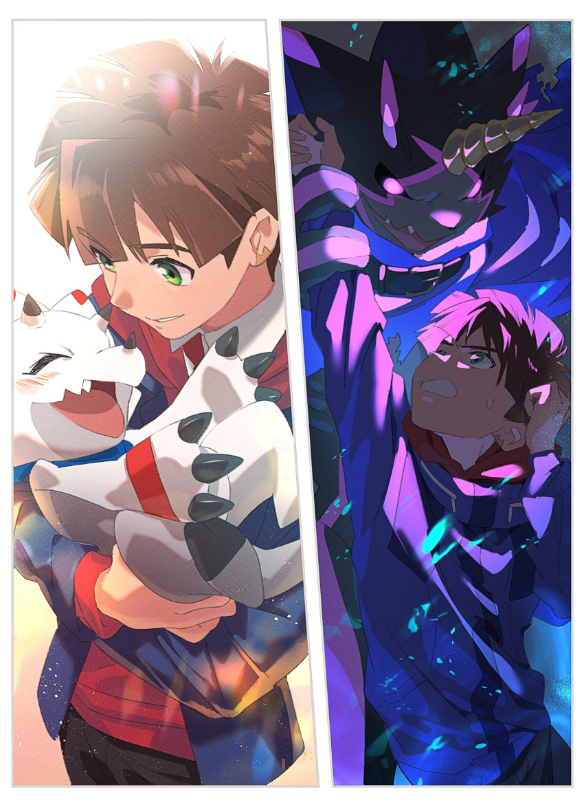 1boy, amanokawa_hiro, blue_jacket, brown_hair, commentary_request, digimon, digimon_(creature), digimon_ghost_game