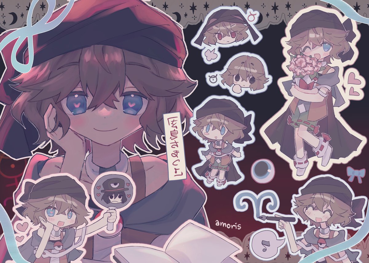3others, amoris_(aam0ris), annoyed, arde_(len'en), aries_(symbol), bare_shoulders, benny_(len'en), black_background