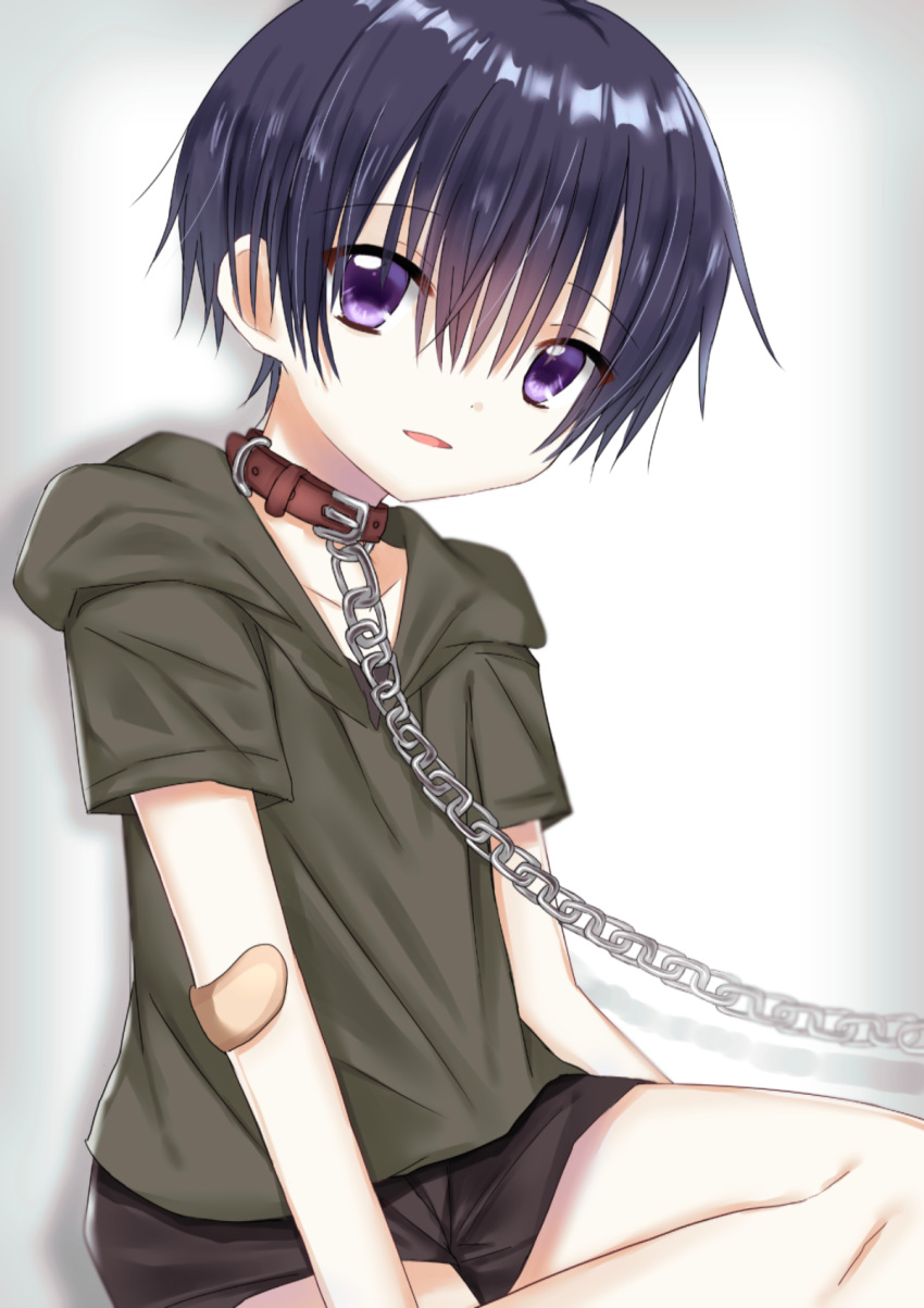 1boy, arms_at_sides, bandage_on_elbow, bandages, belt_collar, black_hair, black_shorts, chain