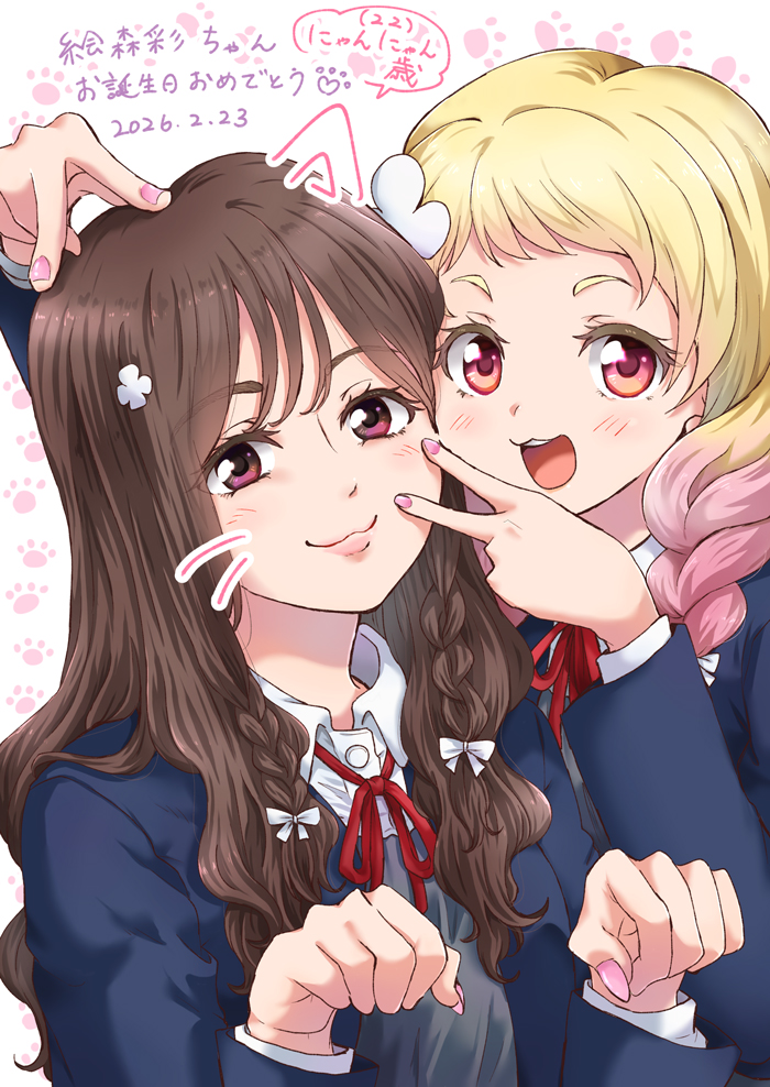 2girls, :3, :d, animification, blonde_hair, blue_jacket, braid, cat_day