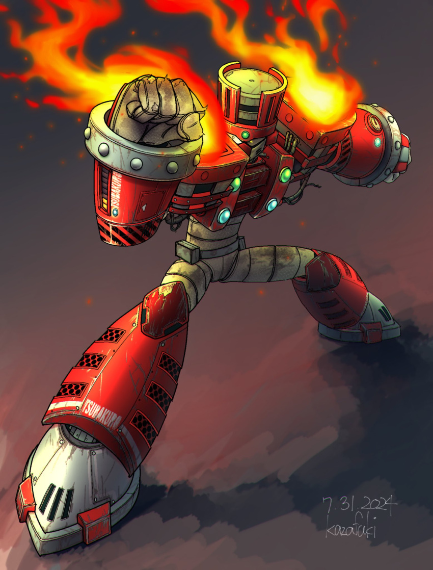 1boy, arm_up, armor, artist_name, clenched_hands, dated, fighting_stance, fire