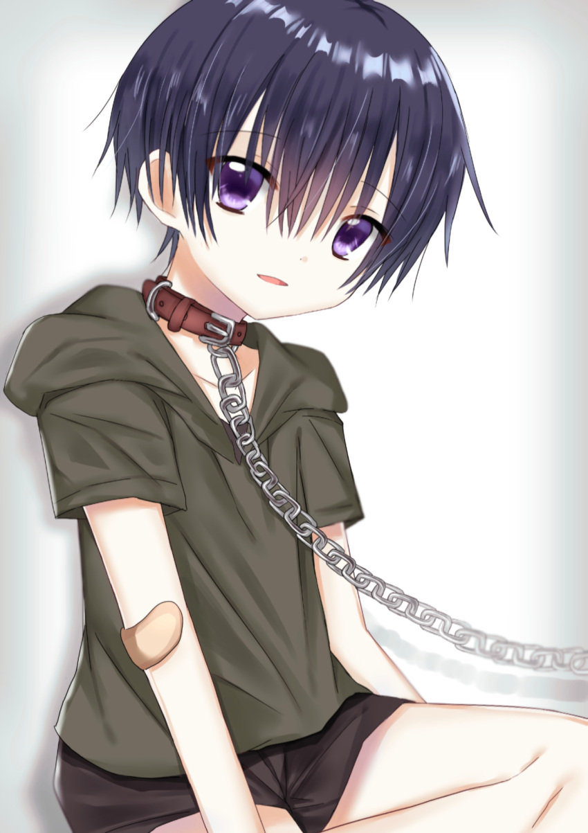 1boy, arms_at_sides, bandage_on_elbow, bandages, belt_collar, black_hair, black_shorts, chain