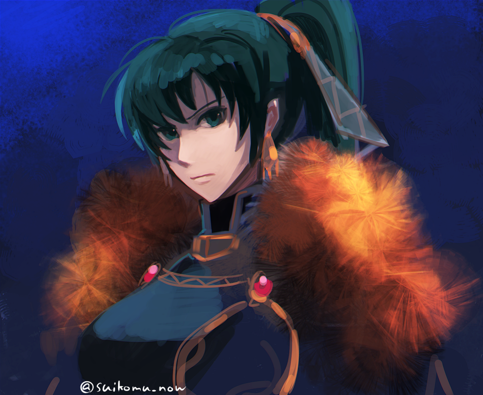 1girl, closed_mouth, commentary_request, earrings, fire_emblem, fire_emblem:_the_blazing_blade, fire_emblem_heroes, green_eyes