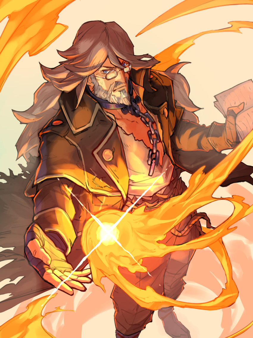 1boy, absurdres, arm_up, beard, blue_eyes, book, boots, broken