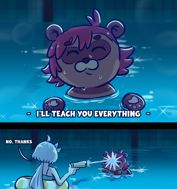 2girls, chainsaw_man, dha315, grey_hair, gundam, gundam_suisei_no_majo, i'll_teach_you_everything_(chainsaw_man), innertube, miorine_rembran, multiple_girls, partially_submerged, pool, red_hair, spraying, suletta_mercury, swim_ring, swimsuit, tanuki, water_gun