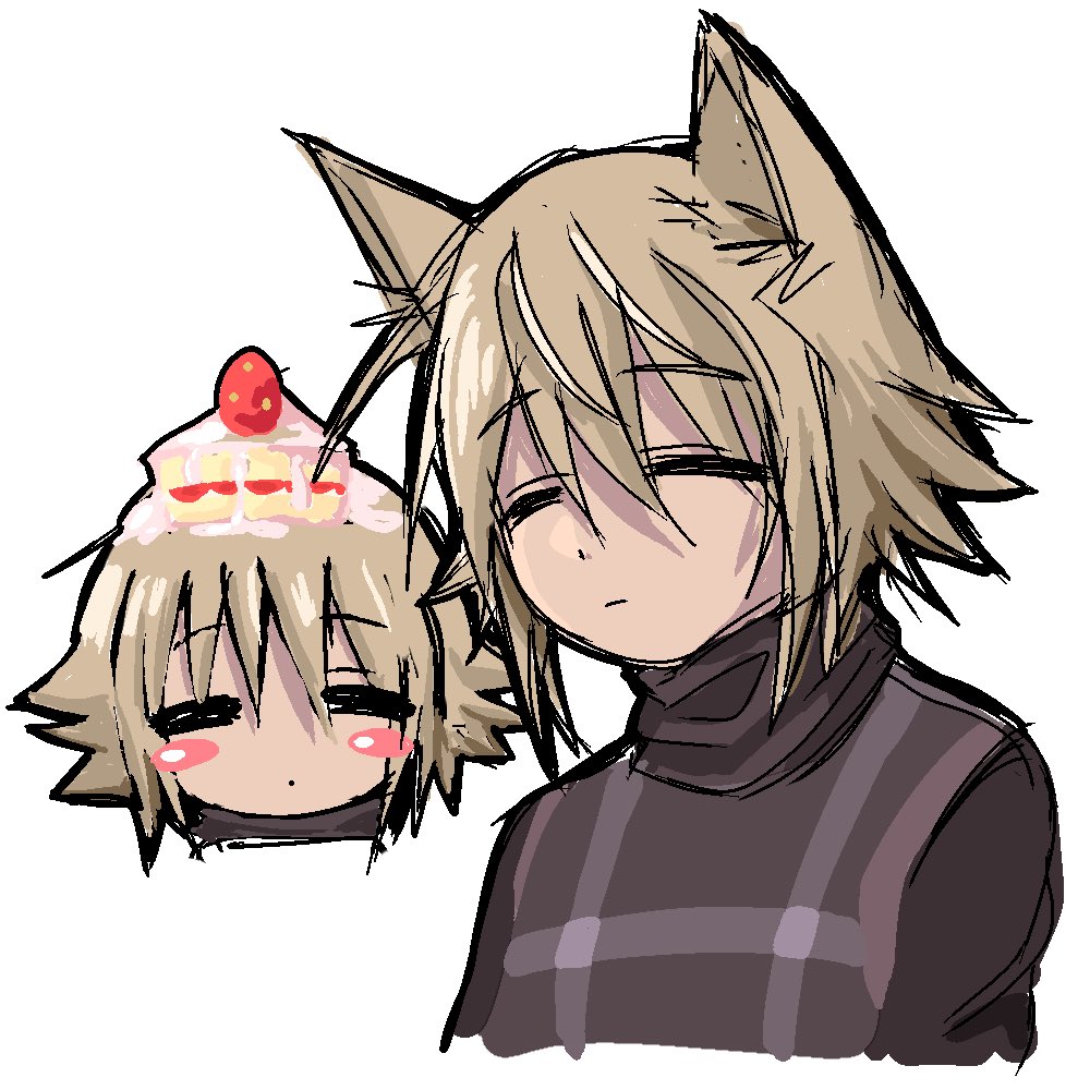 1girl, animal_ears, black_sweater, blonde_hair, blush_stickers, cake, cake_on_head, cake_slice