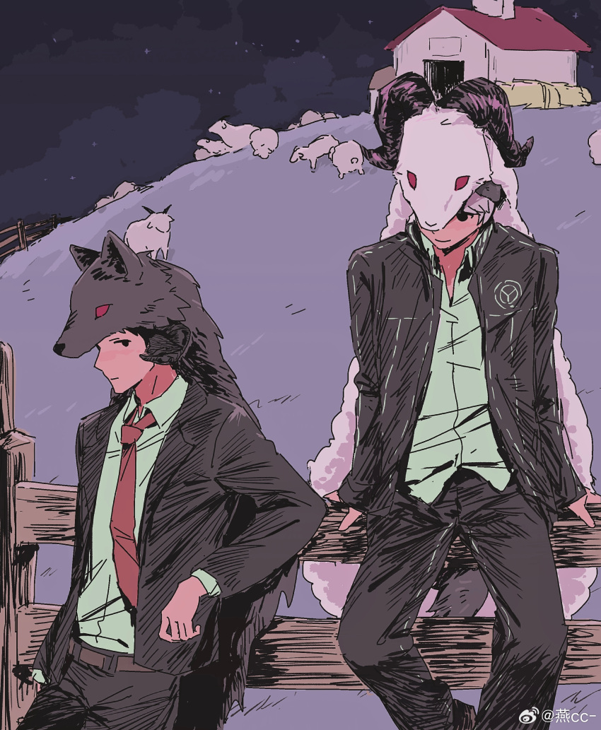 2boys, absurdres, adachi_tooru, animal_costume, barn, black_eyes, black_pants, chinese_commentary, closed_mouth, collared_shirt, commentary_request, feet_out_of_frame, fence, highres, horns, long_sleeves, looking_at_another, male_focus, multiple_boys, narukami_yu, necktie, night, outdoors, pants, persona, persona_4, red_necktie, sheep_costume, sheep_horns, shirt, sitting, smile, tail, wolf_costume, yancc