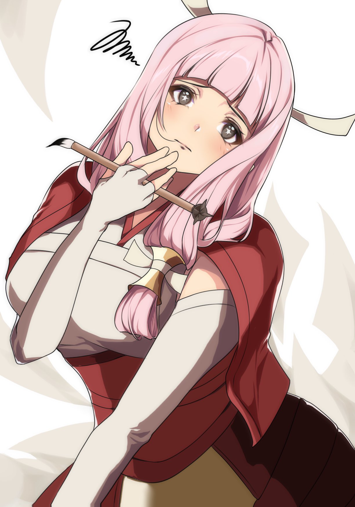 1girl, black_eyes, blush, closed_mouth, commentary_request, fingerless_gloves, fire_emblem, fire_emblem_fates