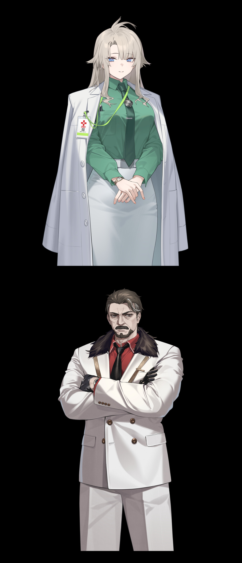 1boy, 1girl, absurdres, beard, berezovich_kryuger_(girls'_frontline), black_background, black_gloves, black_necktie, blonde_hair, blue_eyes, brown_eyes, brown_hair, chinese_commentary, collared_shirt, commentary_request, dress_shirt, facial_hair, girls'_frontline_2:_exilium, girls_frontline, gloves, green_necktie, green_shirt, highres, jacket, lab_coat, mustache, necktie, official_art, orphia_(girls'_frontline_2), pants, pencil_skirt, red_shirt, shirt, skirt, tachi-e, watch, white_jacket, white_pants, white_skirt, yitiao_er-hua