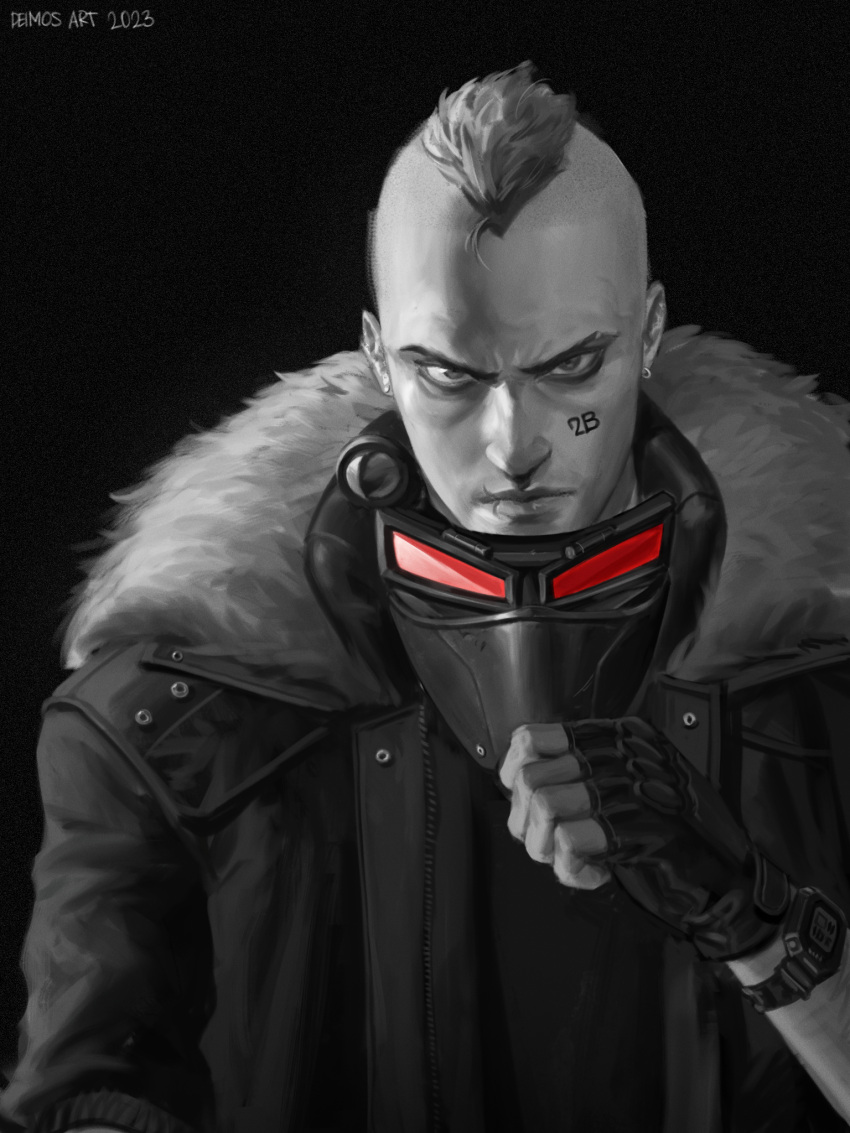 1boy, 2023, badass, black_background, deimos_art, doc_(madness_combat), fingerless_gloves, grey_skin, looking_at_viewer, madness_combat, male, male_focus, male_only, mask, mohawk, newgrounds, serious, unmasked