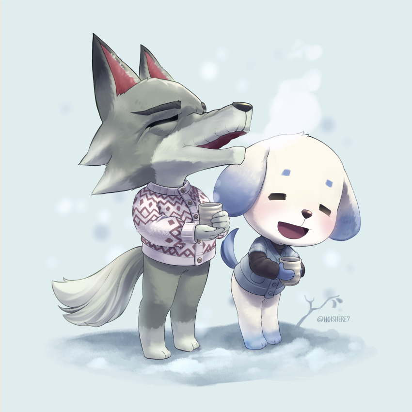 1boy, 1girl, absurdres, animal_crossing, closed_eyes, commentary_request, cup, daisy_(animal_crossing)