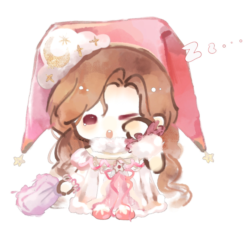 ..., 1girl, brooch, brown_hair, celestial_whispers_(infinity_nikki), chibi, chinese_commentary, cloud_hair_ornament, commentary_request, crescent, dress, fengmi_youzi_hua, frilled_wrist_cuffs, frills, fur_scarf, fur_wrist_cuffs, hat, hat_ornament, highres, holding, holding_pillow, infinity_nikki, jewelry, light_blush, long_dress, long_hair, neck_ribbon, nightcap, nightgown, nikki_(series), off-shoulder_dress, off_shoulder, official_alternate_color, open_mouth, pajamas, pillow, pink_dress, pink_eyes, pink_hat, pink_ribbon, pink_slippers, ribbon, rubbing_eyes, scarf, simple_background, slippers, solid_oval_eyes, solo, star_(symbol), star_brooch, star_hat_ornament, tearing_up, teeth, upper_teeth_only, very_long_hair, white_background, white_scarf, white_wrist_cuffs, wrist_cuffs, zzz