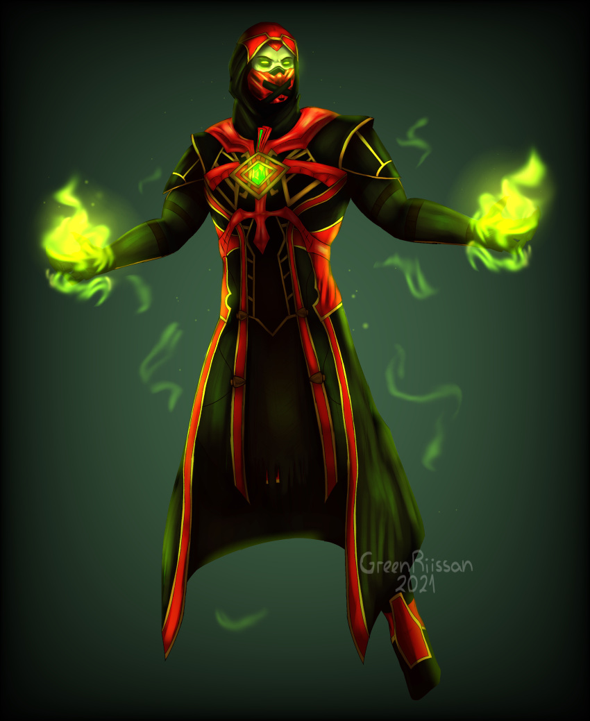 1boy, 2021, ermac, floating, greenriissan, hood, magic, male
