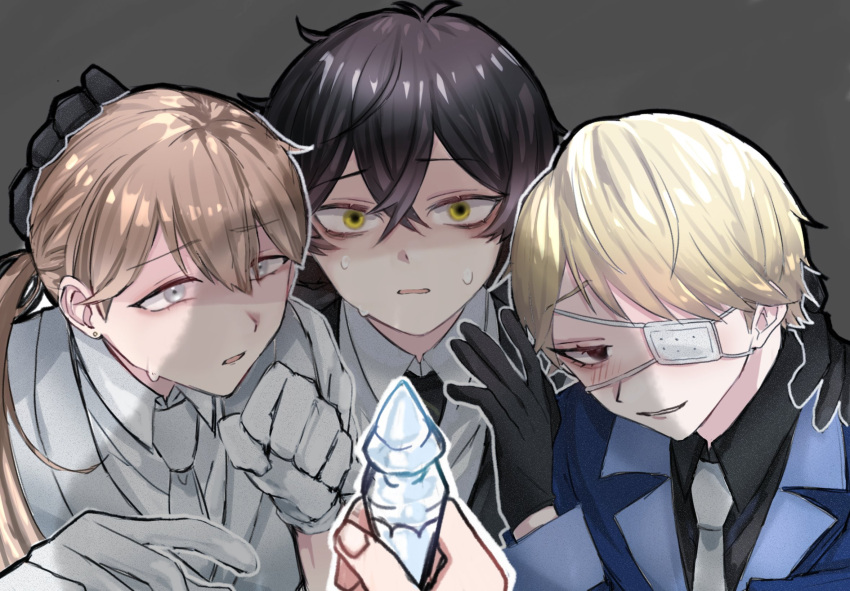 1other, 3boys, 88xx00h, amano_mashiro, black_eyes, black_gloves, black_necktie, black_shirt, blue_jacket, blush, bottle, collared_shirt, commentary_request, dress_shirt, gloves, grey_background, grey_eyes, grey_gloves, grey_necktie, grey_vest, griffin_stewart, grin, hand_on_another's_head, hand_on_another's_shoulder, highres, holding, holding_bottle, jacket, kobayashi_luca, lapels, looking_at_viewer, multiple_boys, necktie, nervous_sweating, oshi_no_taisetsuna_hito_ni_narikawaru, pov, pov_hands, scared, shirt, smile, sweat, vest, white_necktie, white_shirt, yellow_eyes