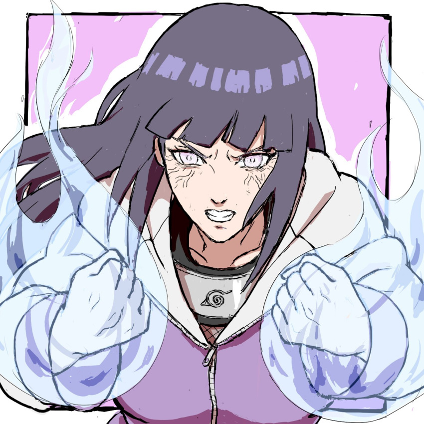 1girl, border, byakugan, clenched_hands, clenched_teeth, forehead_protector, highres, hood
