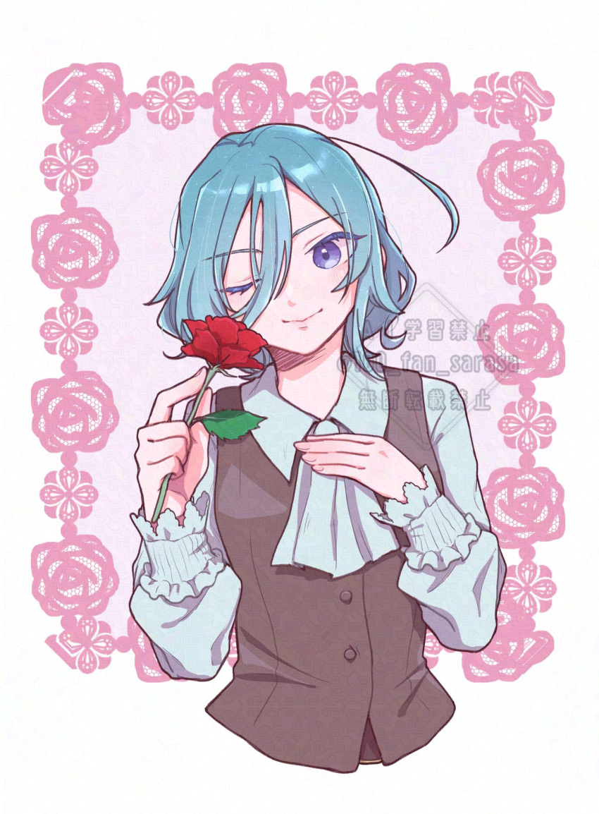 1girl, ;), androgynous, aqua_hair, ascot, black_vest, border, commentary, flower, hair_between_eyes, hand_on_own_chest, highres, holding, holding_flower, kimi_no_koto_ga_dai_dai_dai_dai_daisuki_na_100-nin_no_kanojo, long_sleeves, looking_at_viewer, nakaji_uto, one_eye_closed, ornate_border, red_flower, red_rose, rose, sasarasa, shirt, short_hair, simple_background, smile, solo, upper_body, vest, watermark, white_ascot, white_shirt