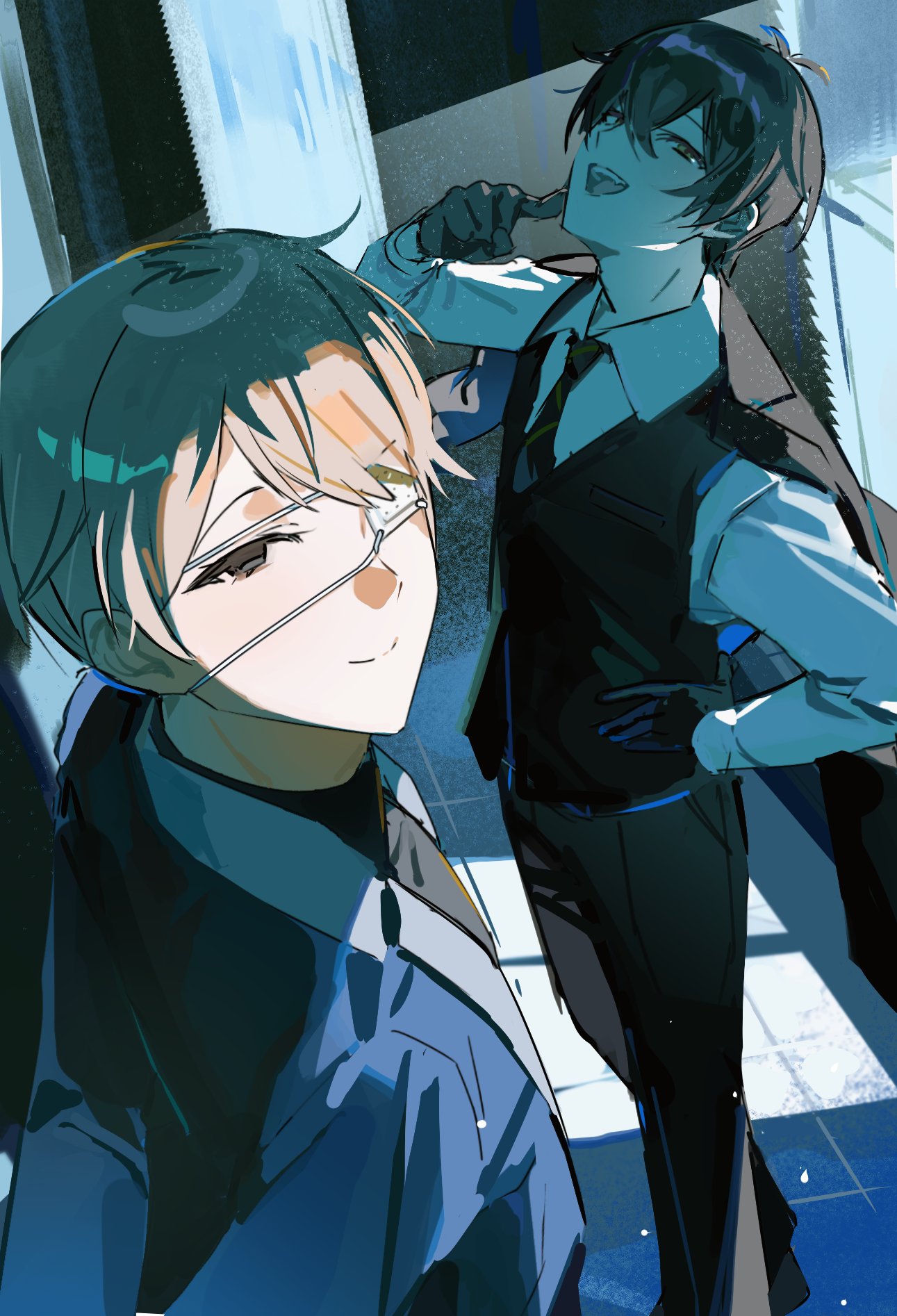 2boys, :d, black_eyes, black_gloves, black_jacket, black_necktie, black_pants, black_vest