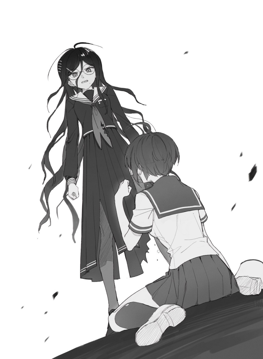 2girls, ahoge, angry, clenched_hand, commentary_request, danganronpa_(series), danganronpa_another_episode:_ultra_despair_girls, fukawa_toko