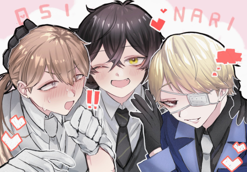 3boys, 88xx00h, amano_mashiro, black_eyes, black_gloves, black_hair, black_jacket, black_necktie