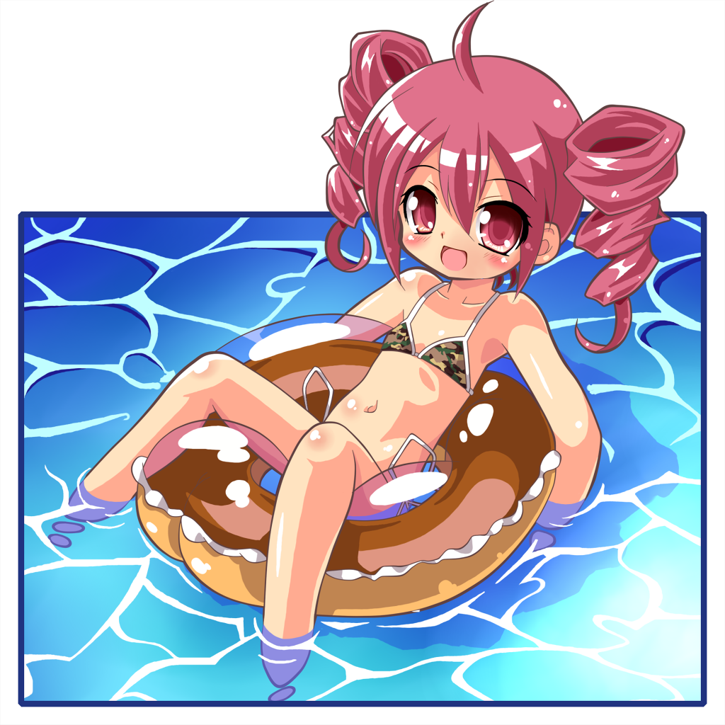 :d, afloat, ahoge, bangs, bikini, blush, drill_hair, flat_chest