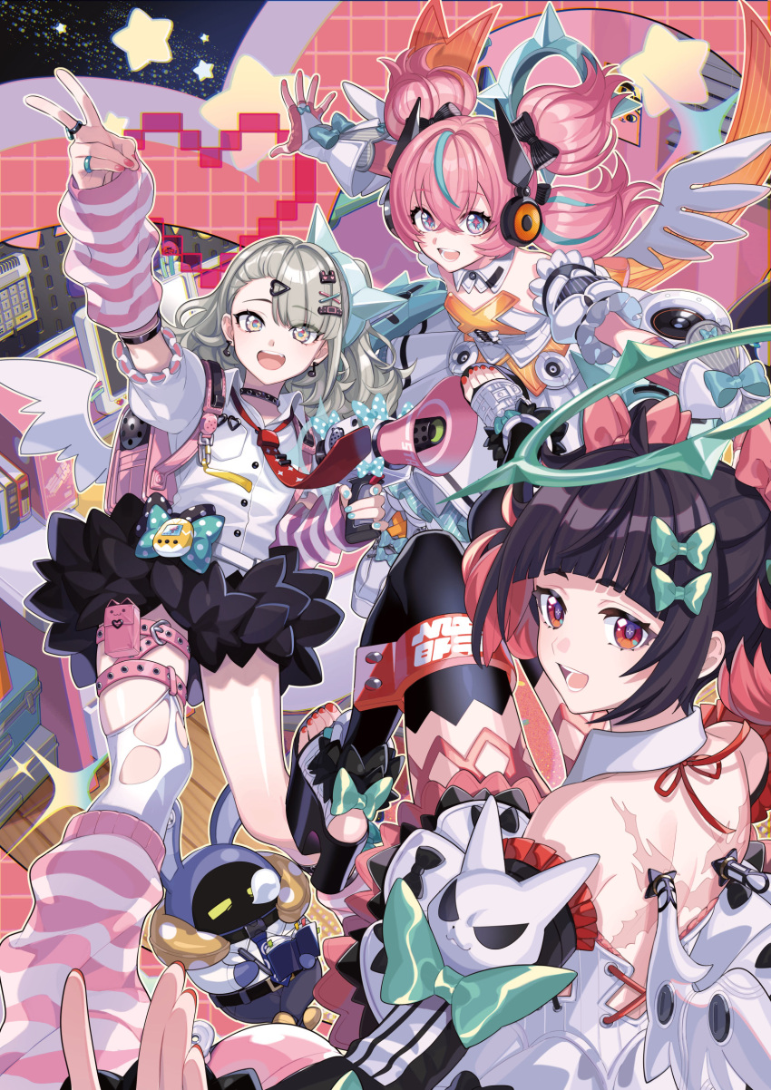 3girls, angels_of_delusion, aqua_streaks, aria_(zenless_zone_zero), arm_warmers, bandaid, bandaid_hair_ornament, bangboo_(zenless_zone_zero)