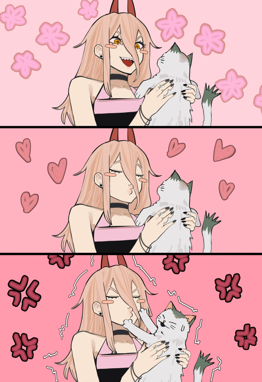 1girl, absurdres, anger_vein, animal, bare_shoulders, black_choker, black_nails, blonde_hair