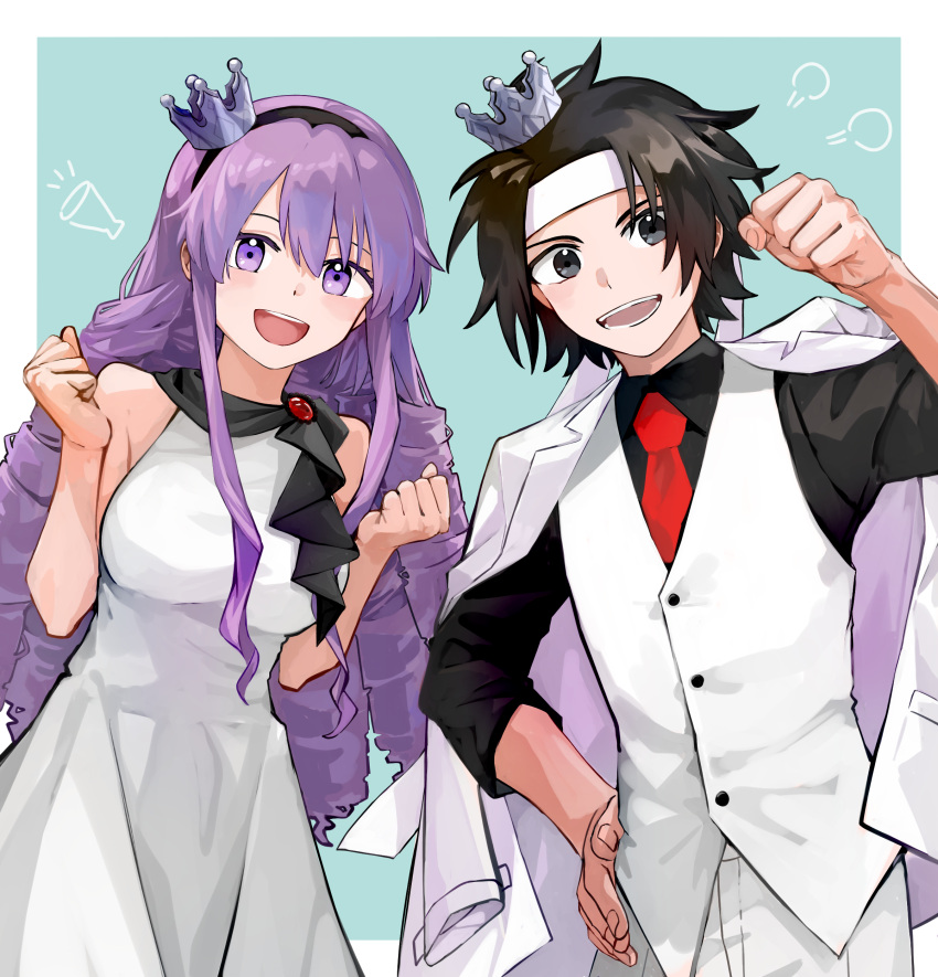 1boy, 1girl, :d, absurdres, astral_buddy, black_eyes, black_hair, black_shirt