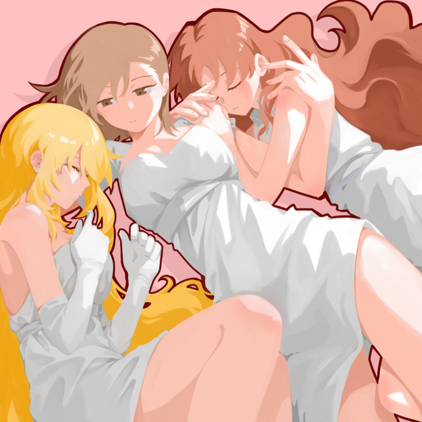 3girls, bare_arms, bare_shoulders, blonde_hair, breasts, brown_eyes, brown_hair, brown_outline