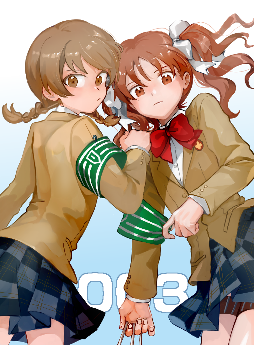 2girls, blazer, bow, bowtie, braid, brown_eyes, brown_hair, brown_jacket