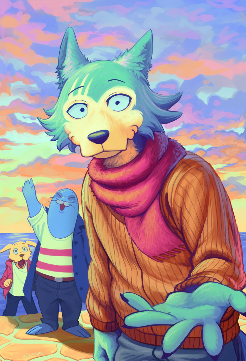 3boys, absurdres, animal_ears, beastars, blue_coat, chipsgowoah, claws, closed_mouth